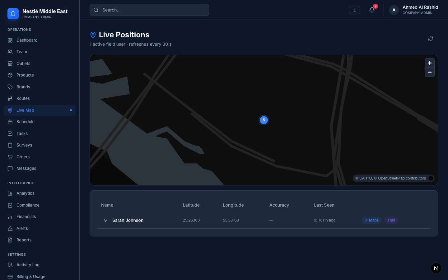 Operations console live map showing an active field user