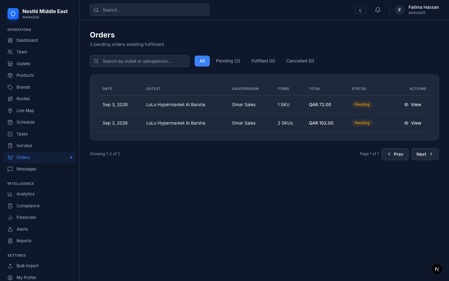 Operations console: Orders queue with pending, fulfilled and cancelled tabs